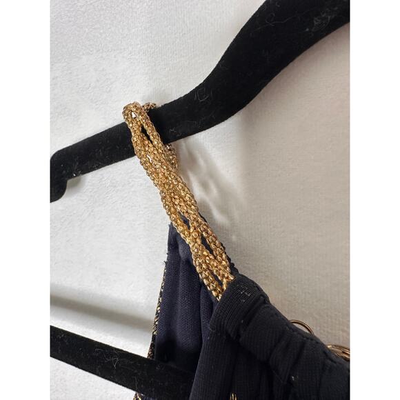 VTG Cache Maxi Dress Halter Blue Gold Foil Floral Printed Pleats Formal Gown 2 - Picture 6 of 9